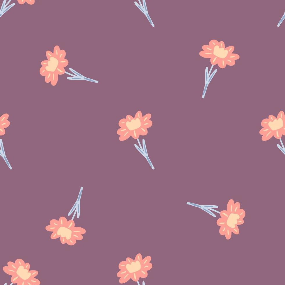 Seamless pattern in minimalistic tones with doodle pink little flower shapes. Purple pastel background. vector