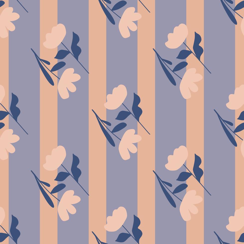 Bloom nature seamless pattern with simple flowers silhouettes ornament. Purple striped background. vector