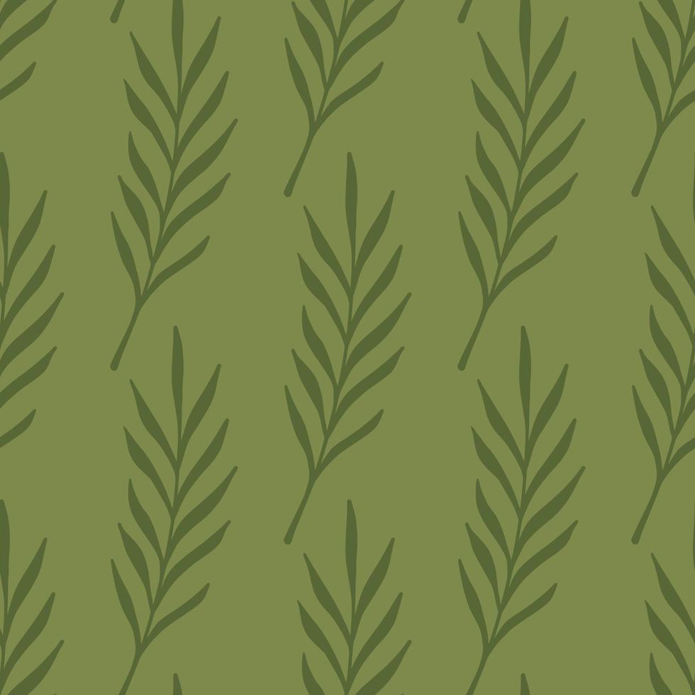 Leaf twigs doodle seamless pattern in abstract foliage style. Green background. Decorative ornament. vector