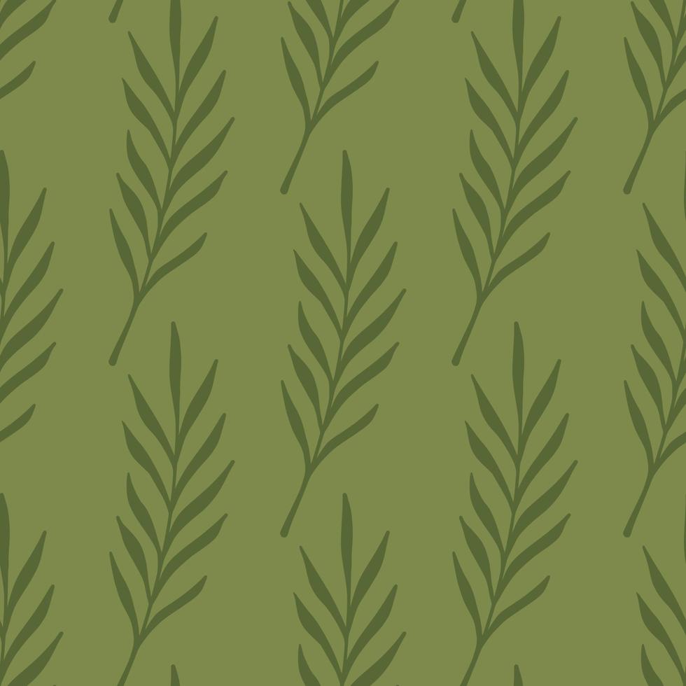 Leaf twigs doodle seamless pattern in abstract foliage style. Green background. Decorative ornament. vector