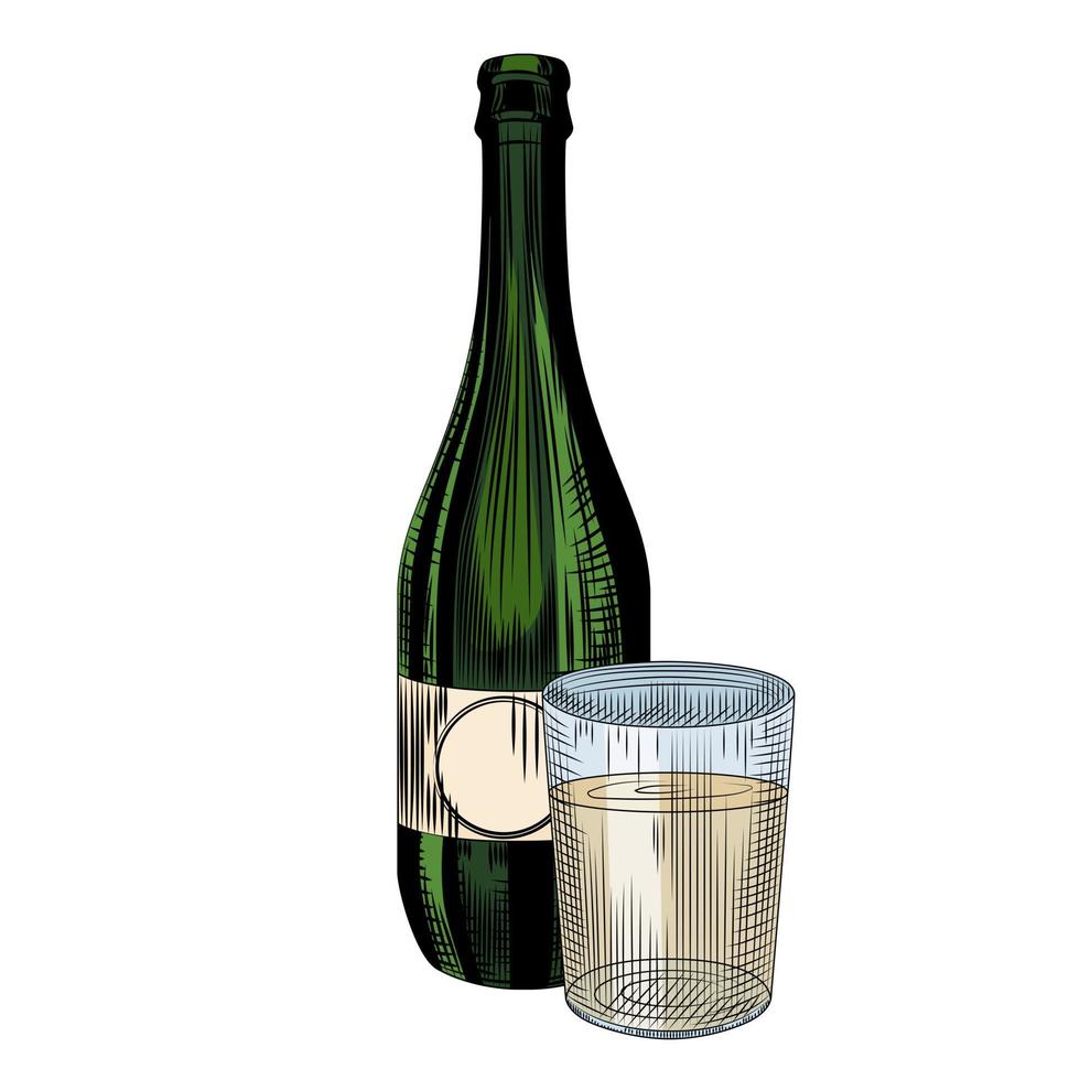 Botella de sidra artesanal con vaso collin lleno. alcohol dibujado a mano aislado sobre fondo blanco. vector