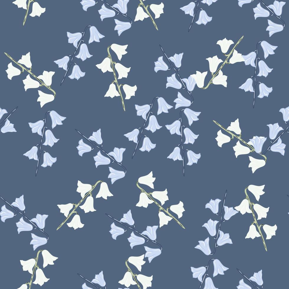 Abstract random seamless pattern with cute style bell flowers shapes print. Blue background. Plants artwork. vector