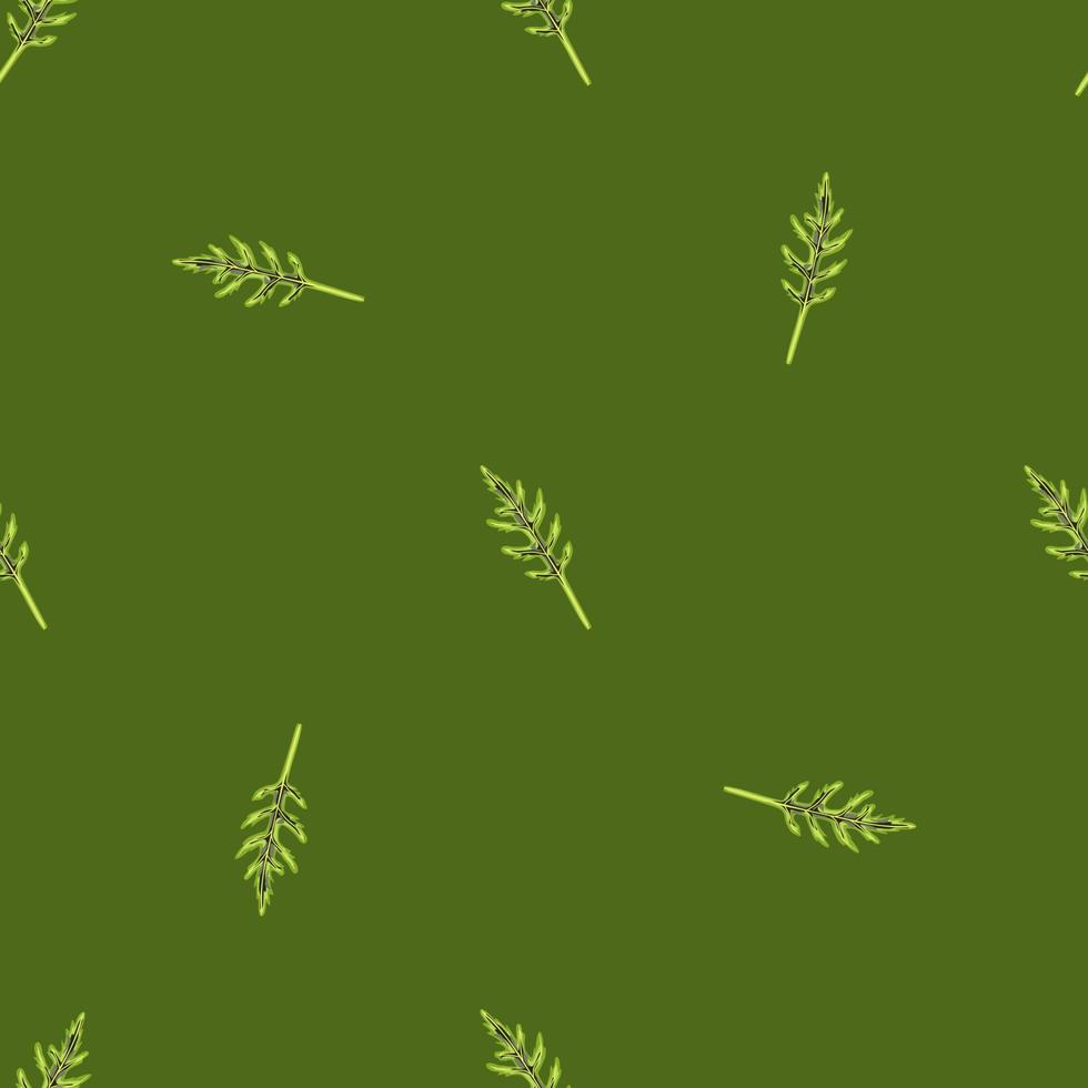 Seamless pattern bunch arugula salad on green background. Simple ornament with lettuce. vector