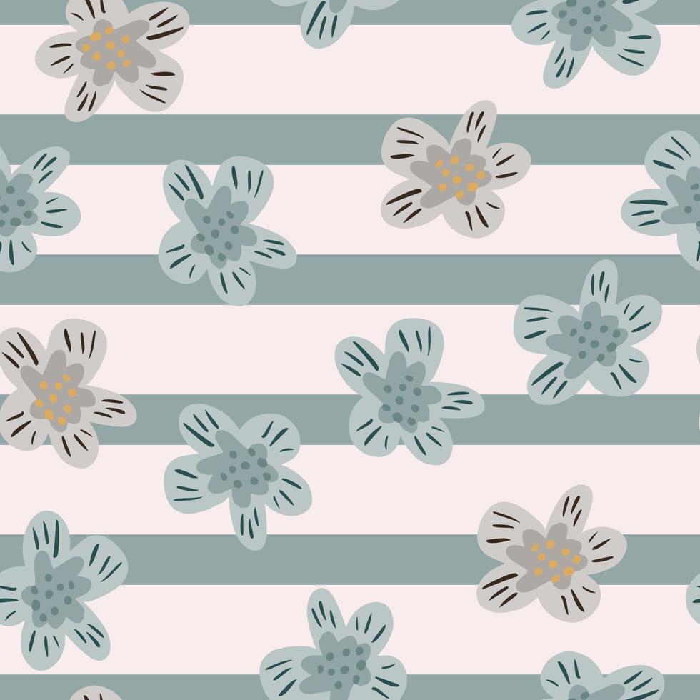 Random seamless nature pattern with simple flower elements in blue and beige colors on striped background. vector