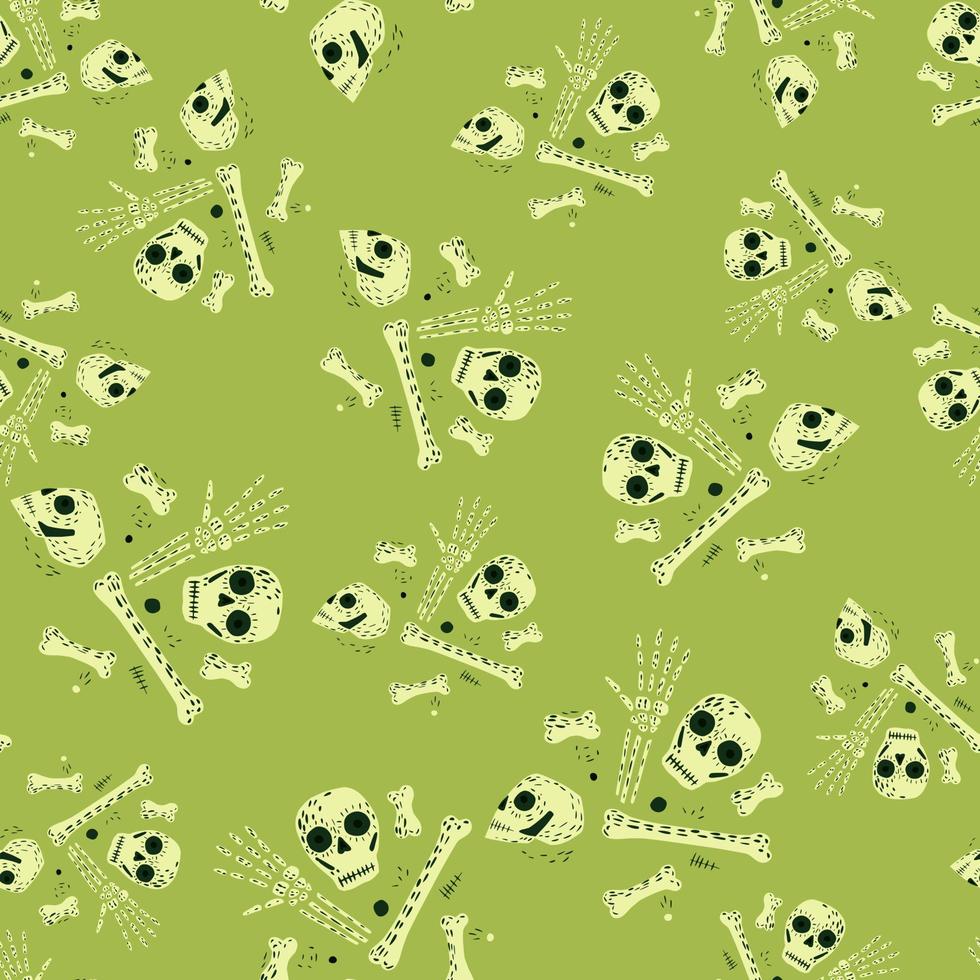 Abstract random seamless pirate style pattern with white skull and bones silhouettes. Green background. vector