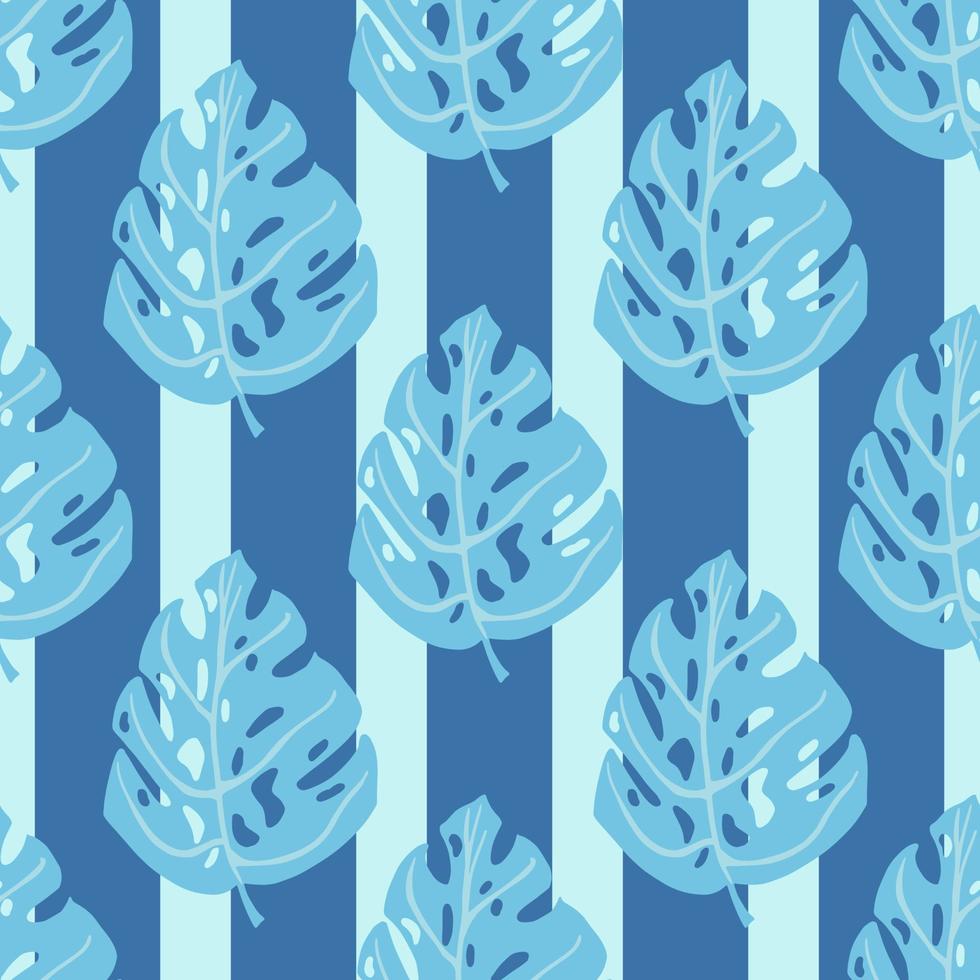 Doodle seamless wild nature pattern with simple monstera leaf ornament. Striped blue background. vector