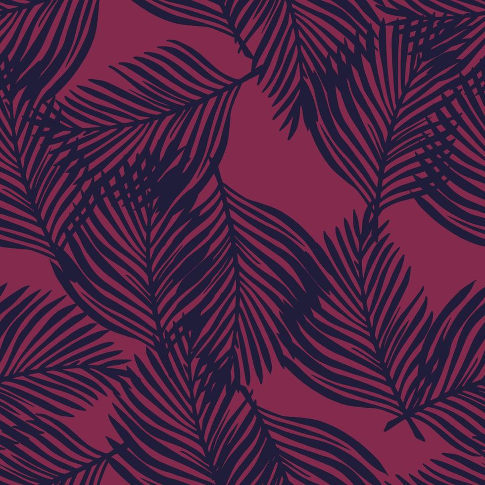 Exotic foliage seamless pattern with random navy blue fern leaf shapes. Pink dark background. vector