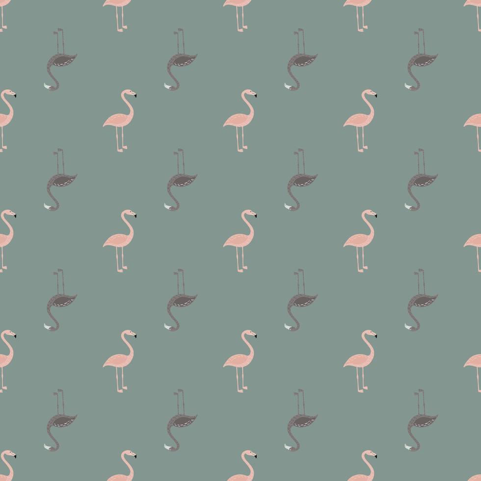 Pale tones seamless pattern with doodle flamingo bird tropic print. Blue background in pastel palette. vector