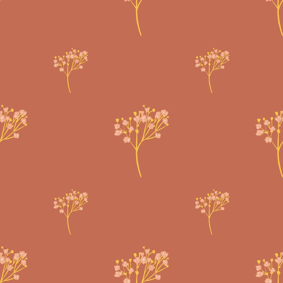 Minimalistic floral seamless pattern with hand drawn orange gypsophila elements. Pale orange background. vector