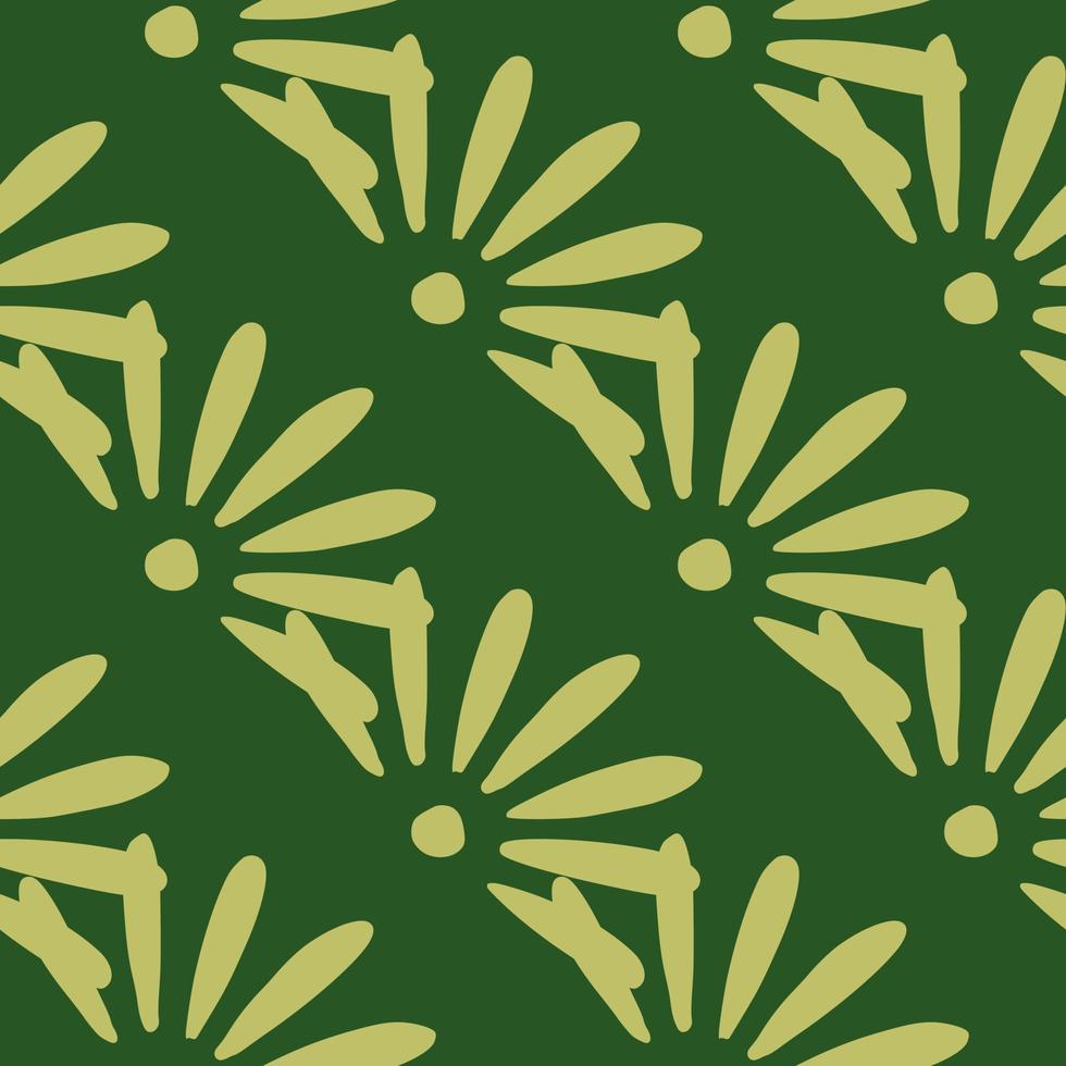 Bloom geometric seamless pattern with light daisy flowers elements. Green background. Garden floral print. vector