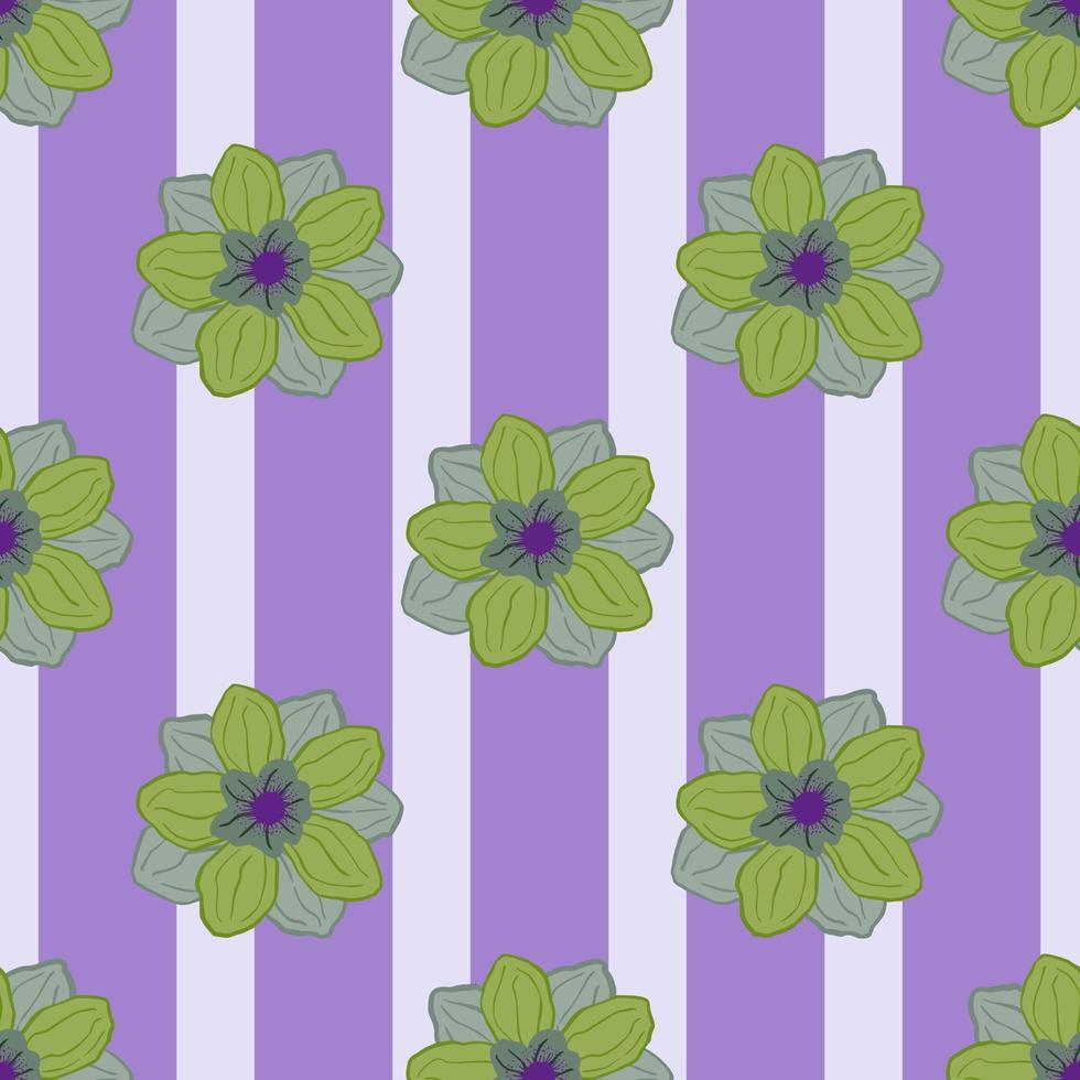 Hand drawn green anemone buds seamless flower pattern. Purple striped background. Decorative botany print. vector