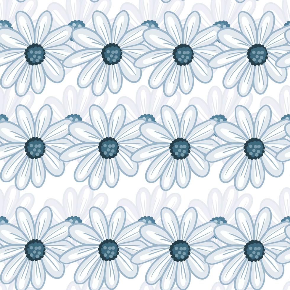 Simple floral seamless pattern with blue contoured daisy flowers print. White background. Hand drawn style. vector