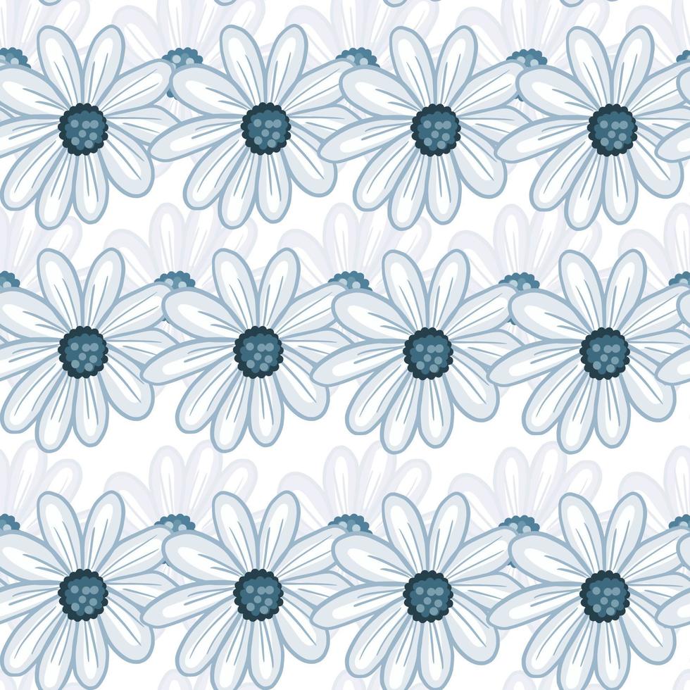 Simple floral seamless pattern with blue contoured daisy flowers print. White background. Hand drawn style. vector