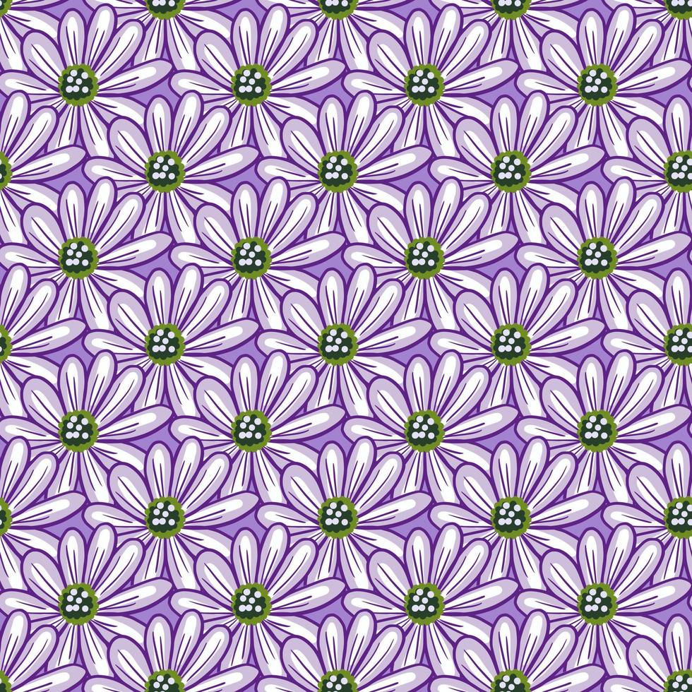 Seamless pattern with simple daisy flowers shapes. Purple background. Natural floral backdrop. Vector design for textile, fabric, giftwra