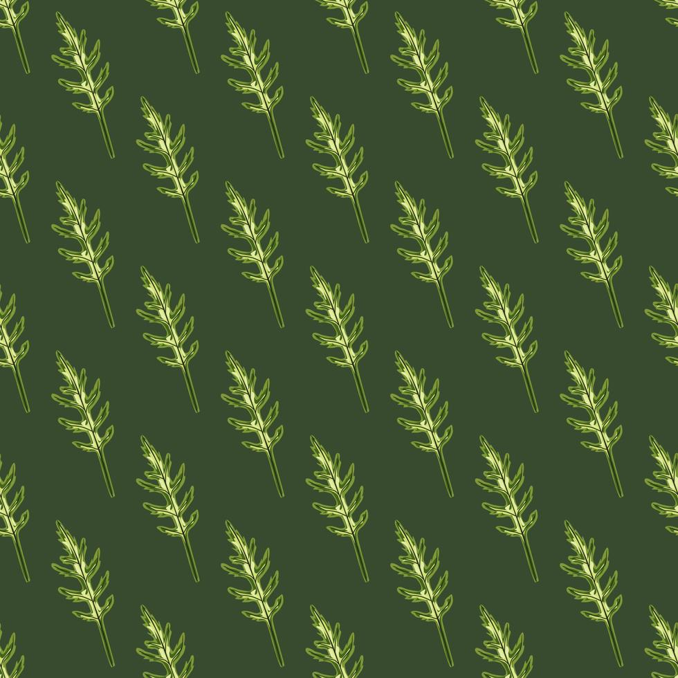 Seamless pattern bunch arugula salad on green background. Modern ornament with lettuce. vector