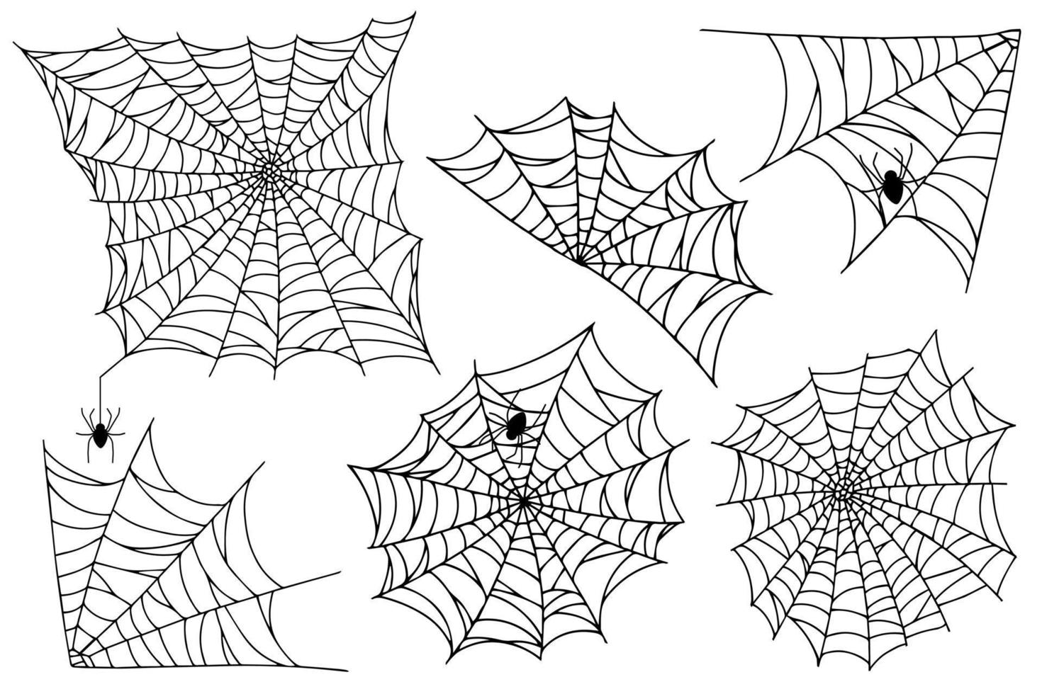 Set spider web isolated on white background. Spooky Halloween cobwebs with spiders. vector