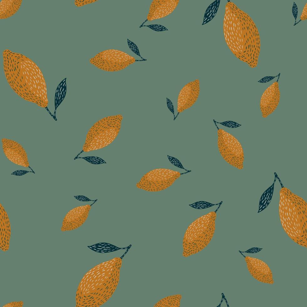 Random lemon silhouettes seamless hand drawn pattern. Orange fruits on pale green background. vector