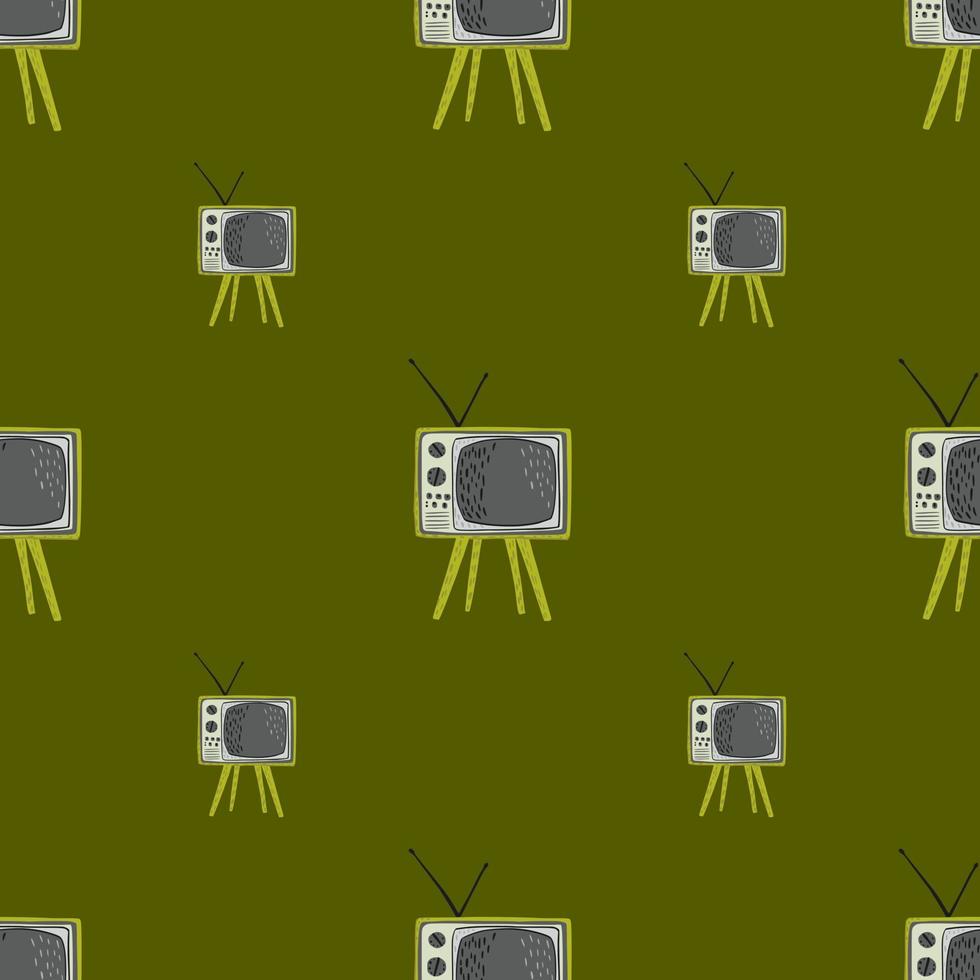 video tv set de patrones sin fisuras. técnicas dibujadas a mano en tonos grises sobre fondo verde oliva. vector