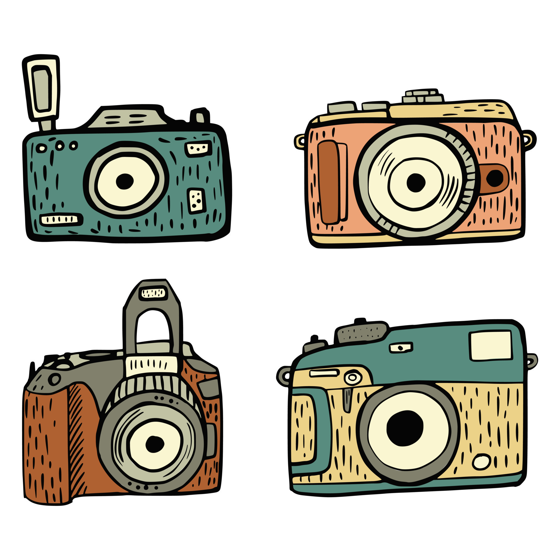 Set retro camera isolated on white background. Hand drawn vintage line