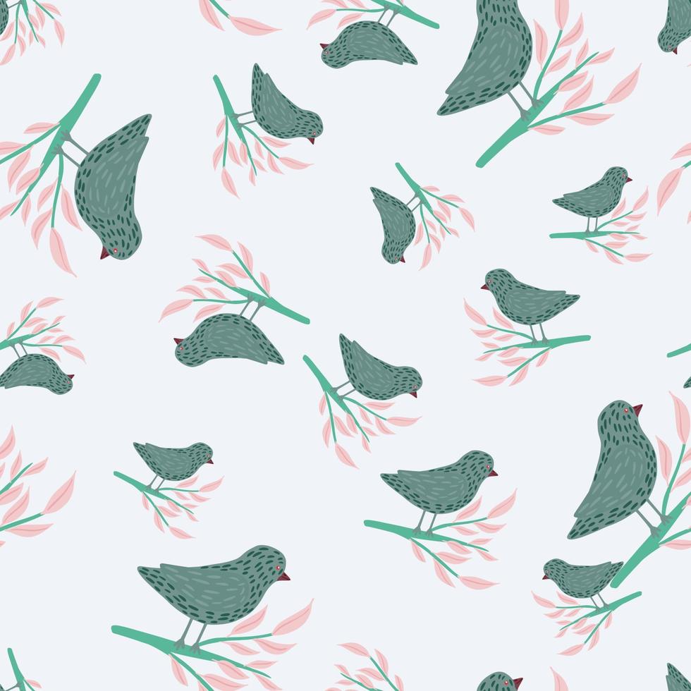 Random seamless pattern with navy blue bird silhouettes on branches leaves. Pastel background. vector