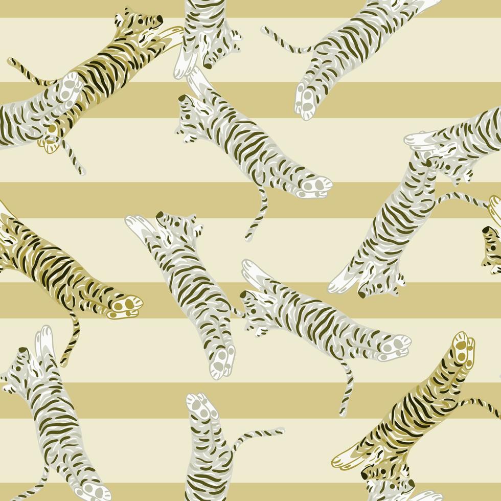 Simple cartoon seamless pattern with random tigers shapes. Beige striped background. Safari hand drawn print. vector