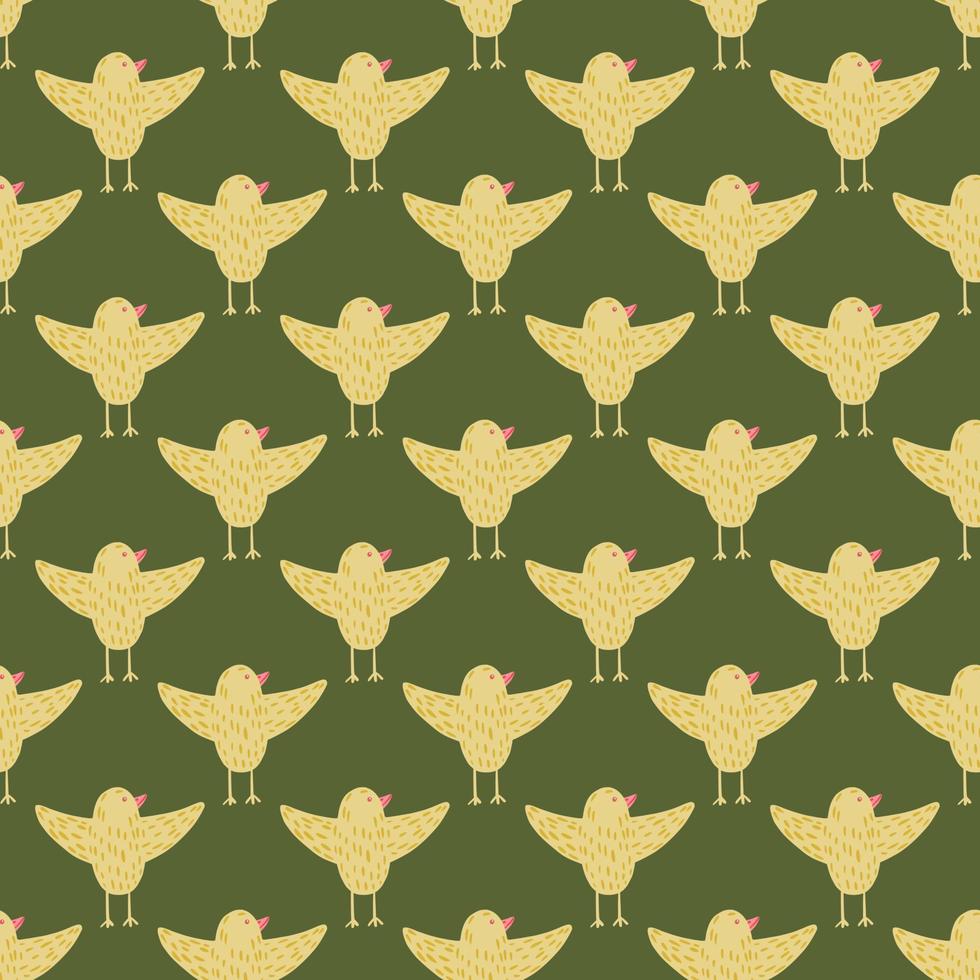 Abstract seamless pattern with yellow birds flying shapes. Green olive background. vector