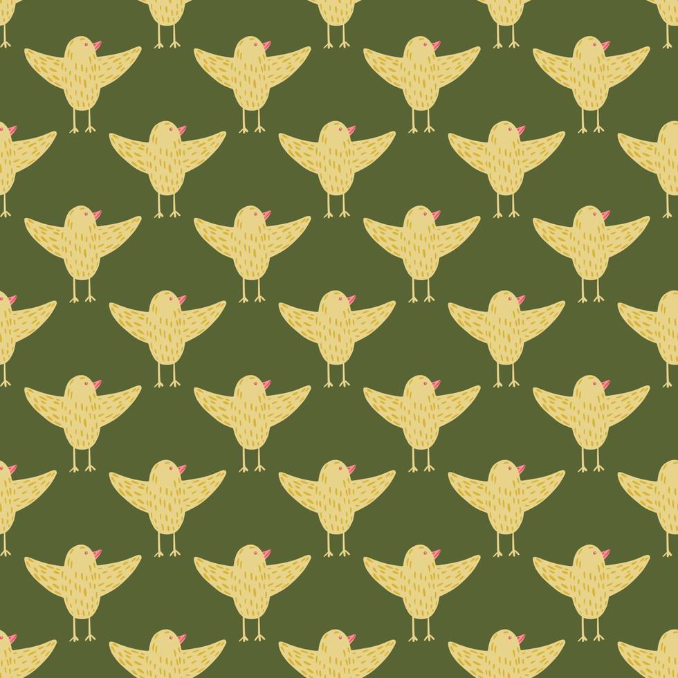 Abstract seamless pattern with yellow birds flying shapes. Green olive background. vector