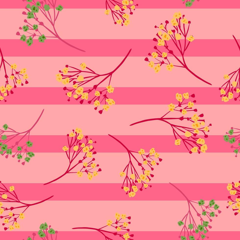 Random seamless pattern with hand drawn yellow and green colored gypsohila print. Pink striped background. vector