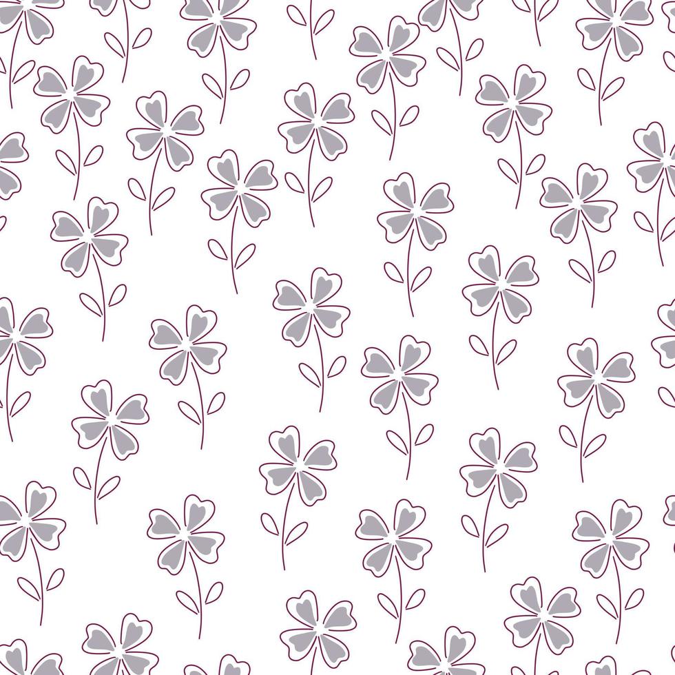 Isolated blossom seamless pattern with purple clover leaf shapes print. White background. Nature print. vector