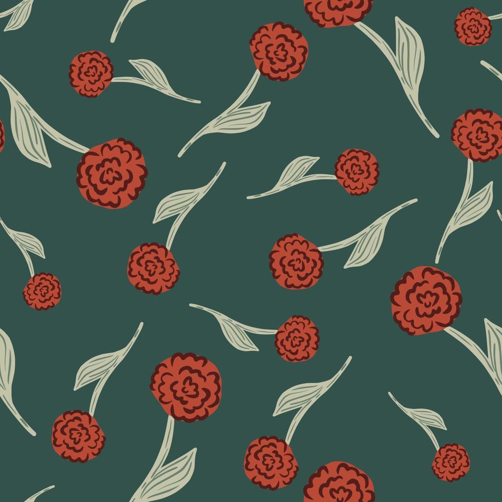 Random red roses silhouettes seamless pattern in doodle style. Turquoise background. Summer seasonal print. vector