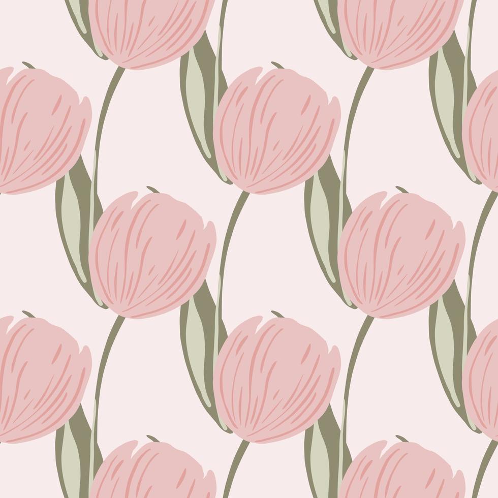 Hand drawn bloom seamless pattern with pink colored tulip flowers print. Light background. Hand drawn ornament. vector