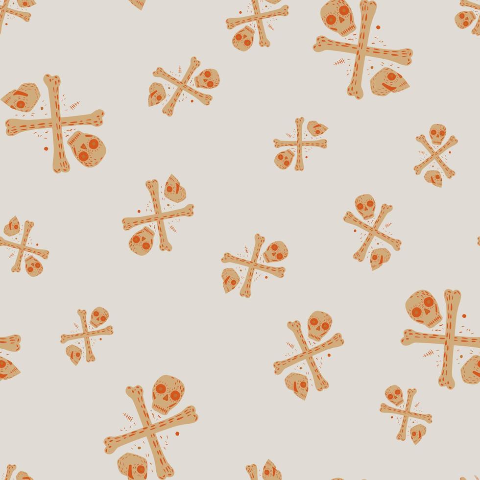 Random seamless doodle pattern with orange skulls and bones simple print. Grey light background. vector