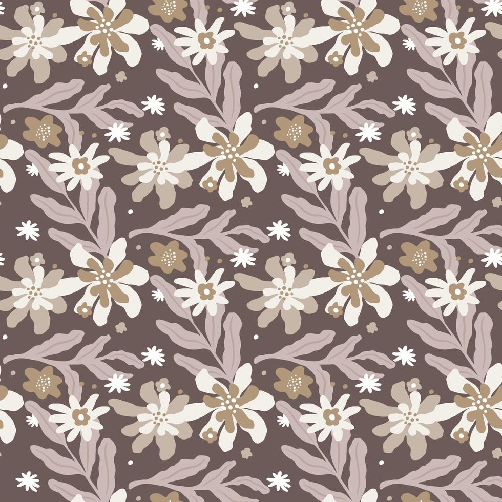 Vintage seamless pattern with doodle hand drawn leaf branches and flowers silhouettes. Pale palette. vector