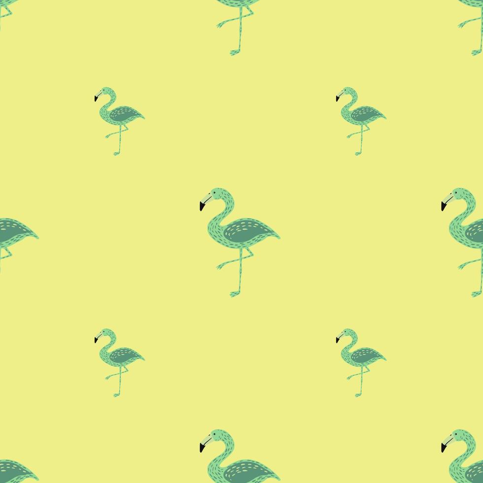 Minimalistic style seamless doodle pattern with green colored flamingo abstract shapes. Yellow background. vector