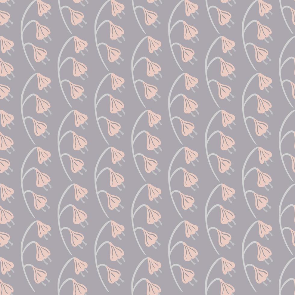 Doodle naturaleza campo de patrones sin fisuras con adorno de flores de campanilla rosa simple. fondo morado pastel. vector