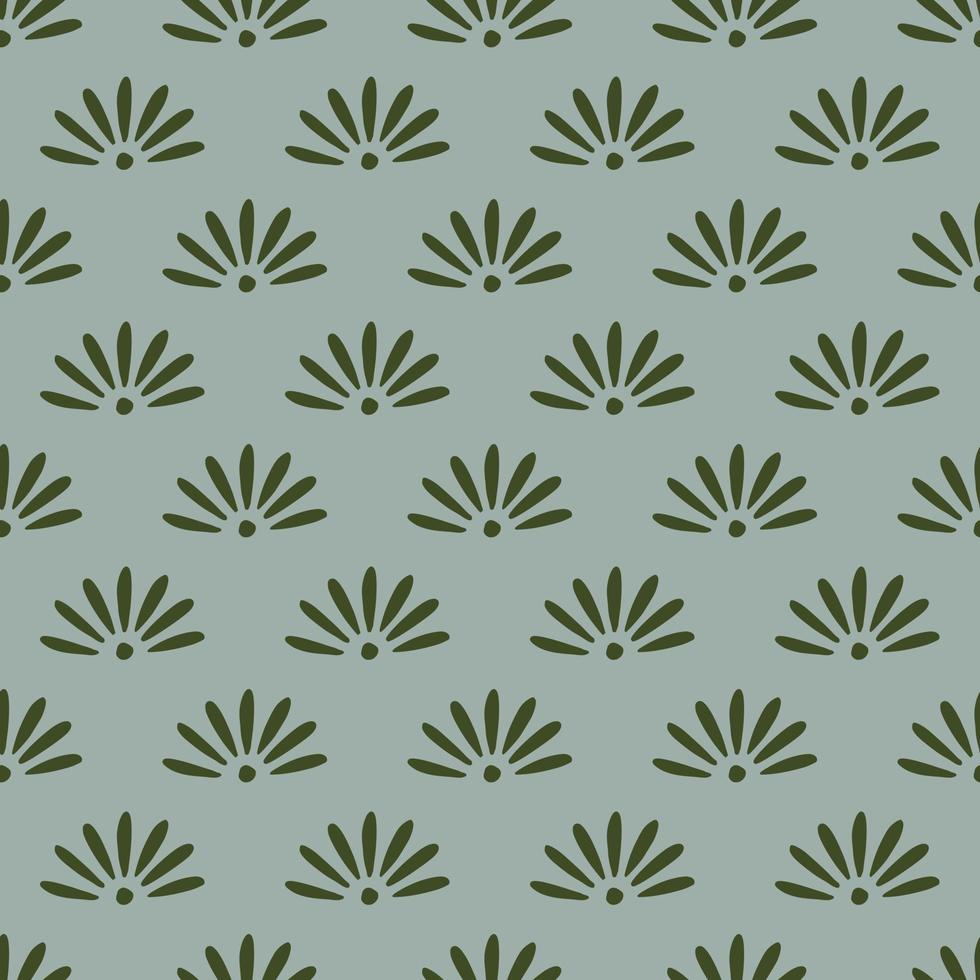 Green geometric style chamomile flowers elements seamless pattern. Blue pastel background. vector