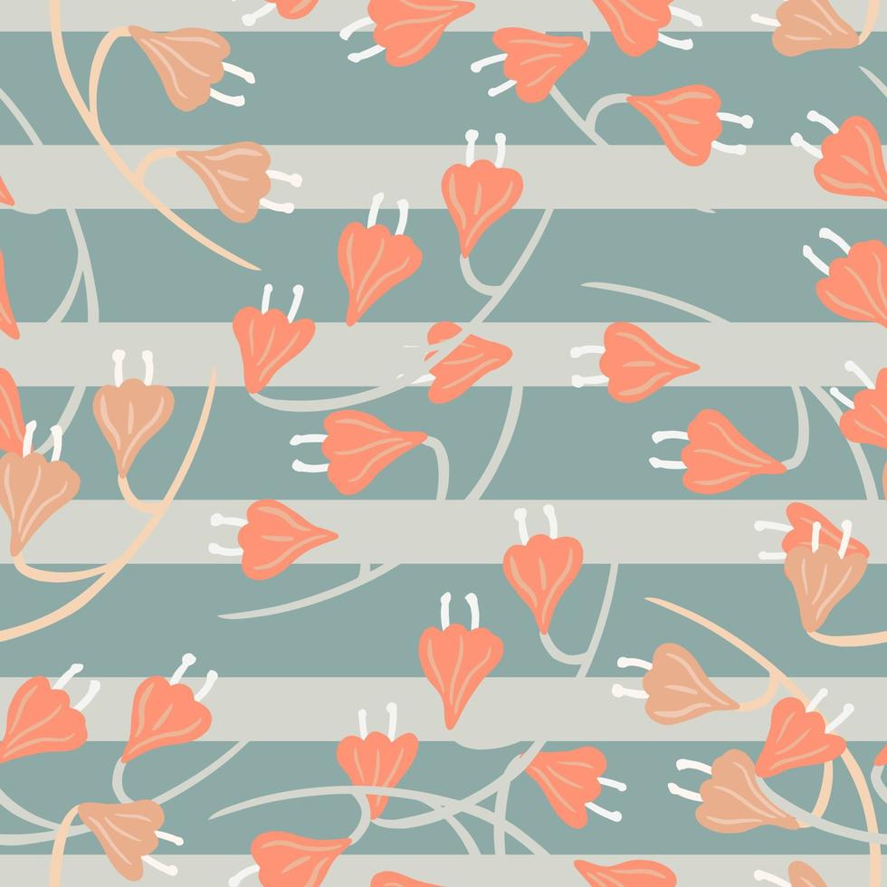 Random seamless pattern with hand drawn pink bell flowers ornament. Blue striped background. vector