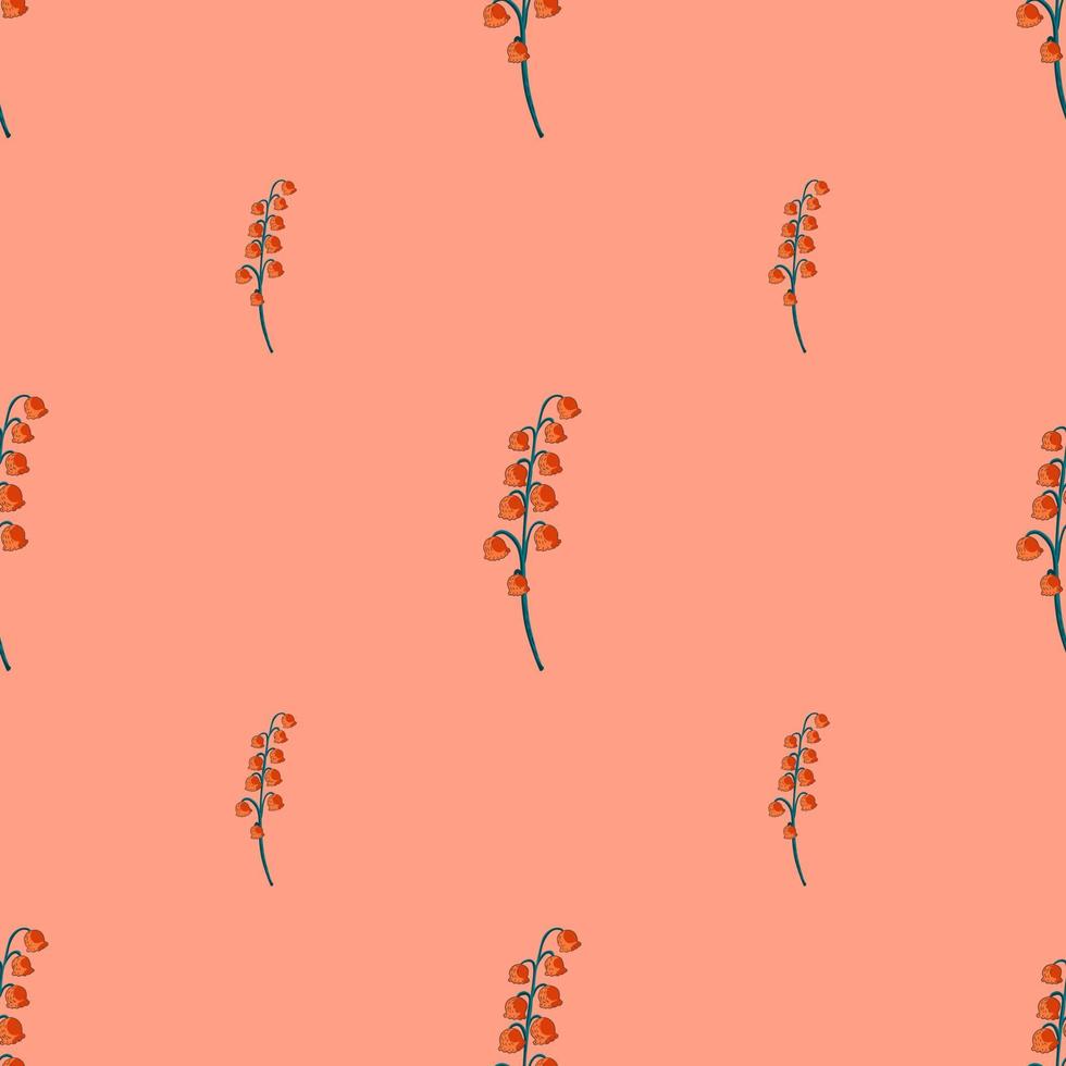 Orange lily of the valley flowers hand drawn seamless pattern. Pink background. Spring botanic artwork. vector