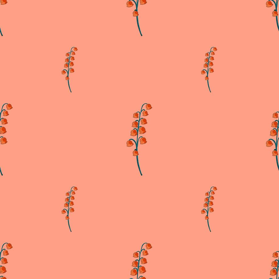 Orange lily of the valley flowers hand drawn seamless pattern. Pink background. Spring botanic artwork. vector