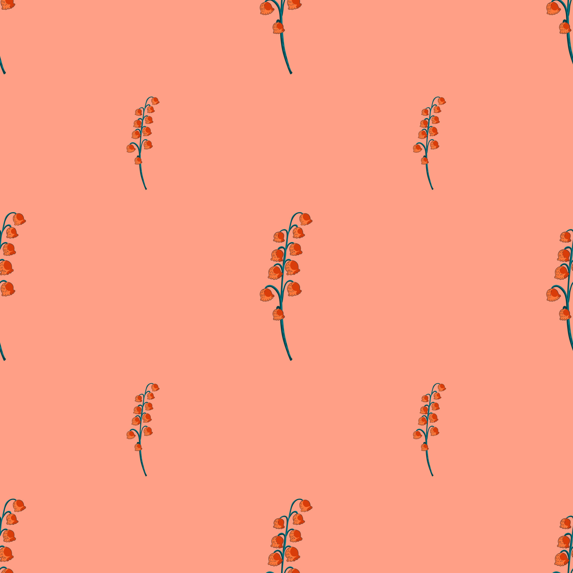 Orange lily of the valley flowers hand drawn seamless pattern. Pink