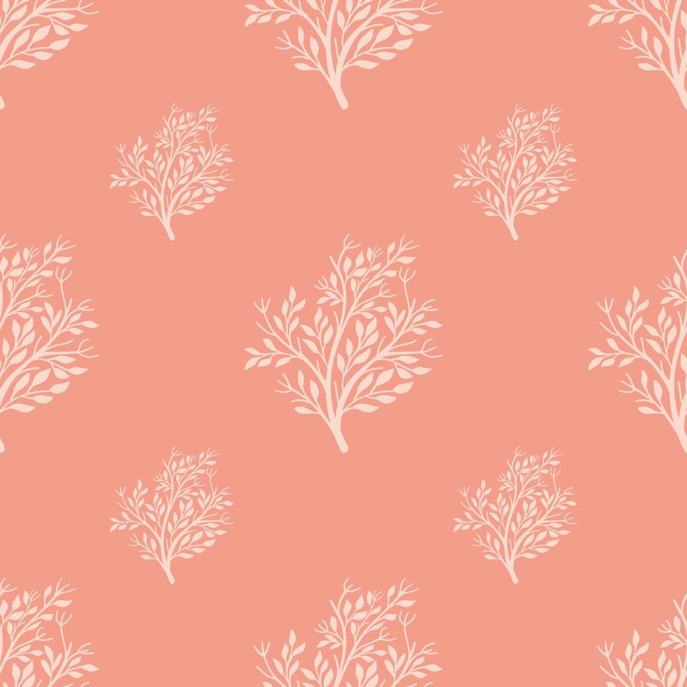 patrón minimalista sin costuras con estampado de siluetas de árboles blancos de fideos. fondo rosa estampado floral. vector