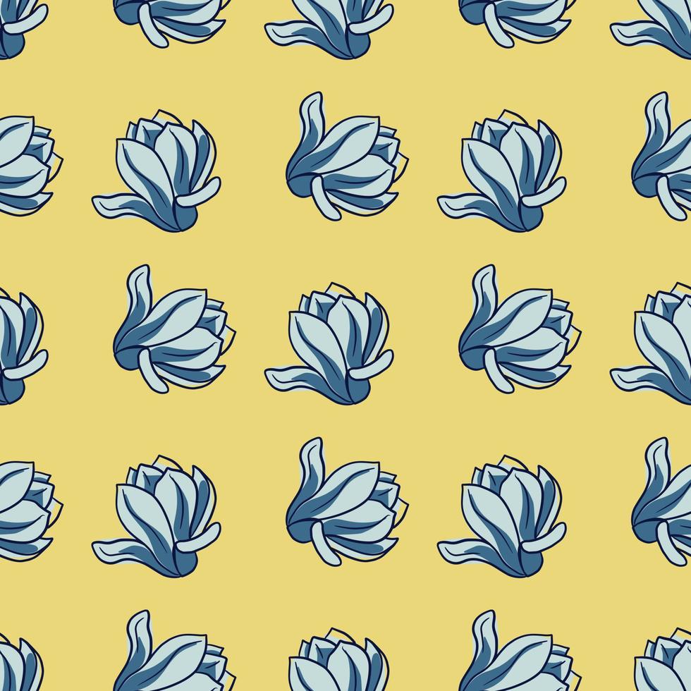 Las flores de magnolia de color azul dan forma a un patrón sin costuras en estilo garabato. fondo amarillo claro. vector