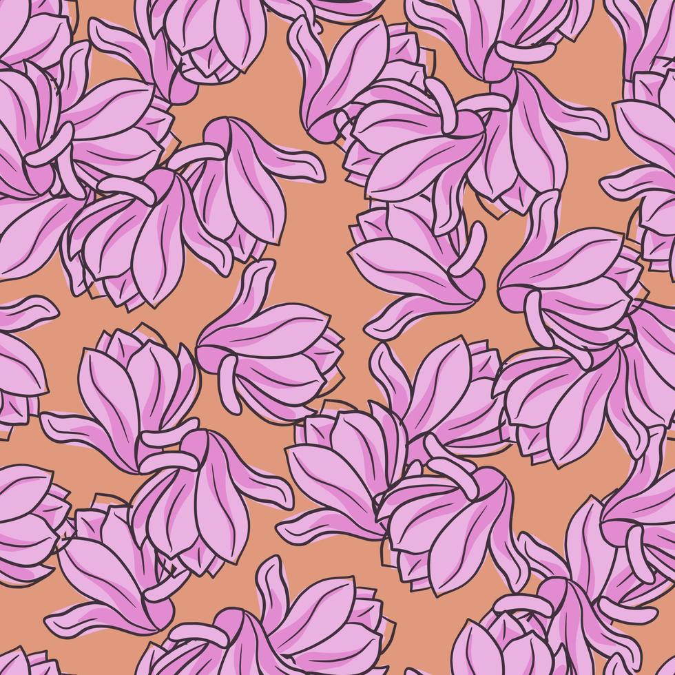 Natural seamless pattern with pink outline random magnolia flowers shapes. Orange background. vector