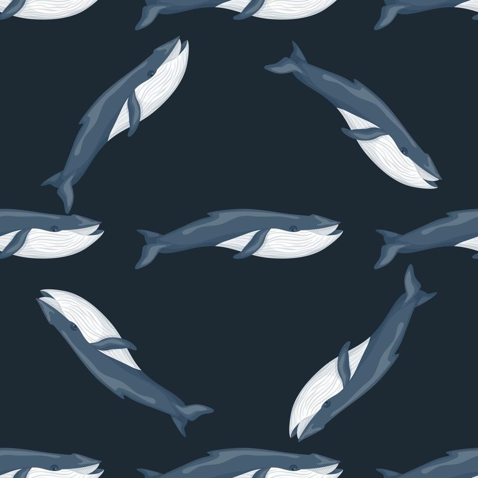 Seamless pattern Blue whale on black background. Template of cartoon character of ocean for fabric. vector