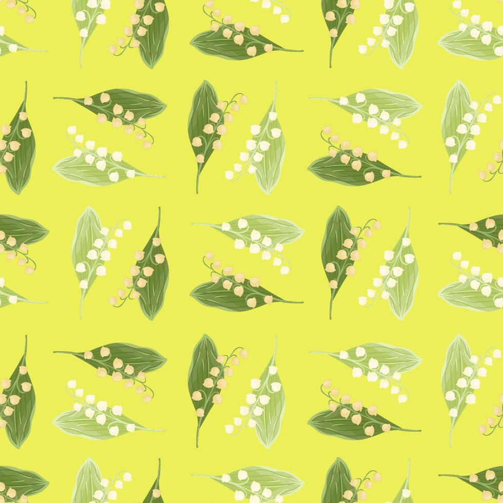 Green random vintage lily of the valley silhouettes seamless pattern in floral style. Yellow background. vector