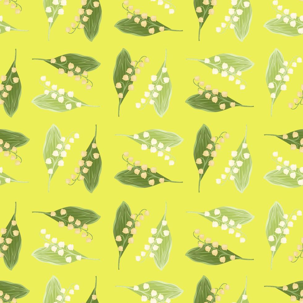 Green random vintage lily of the valley silhouettes seamless pattern in floral style. Yellow background. vector