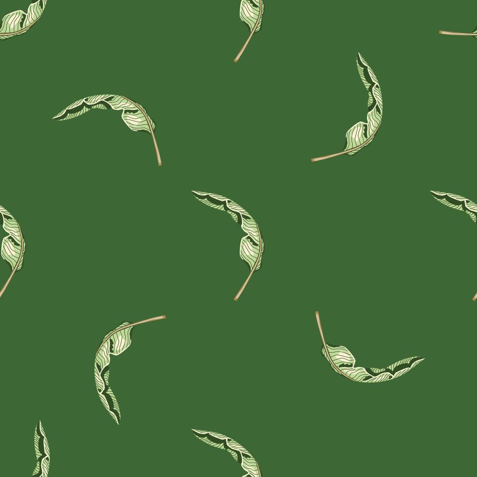 Minimalistic seamless pattern with random small white tropic palm leaves. Green background. vector
