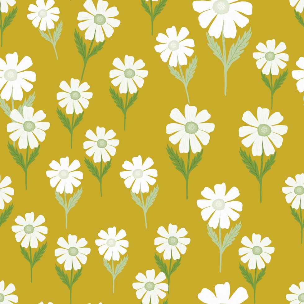 Chamomile pattern seamless in freehand style. Spring flowers on colorful background. Vector illustration for textile.