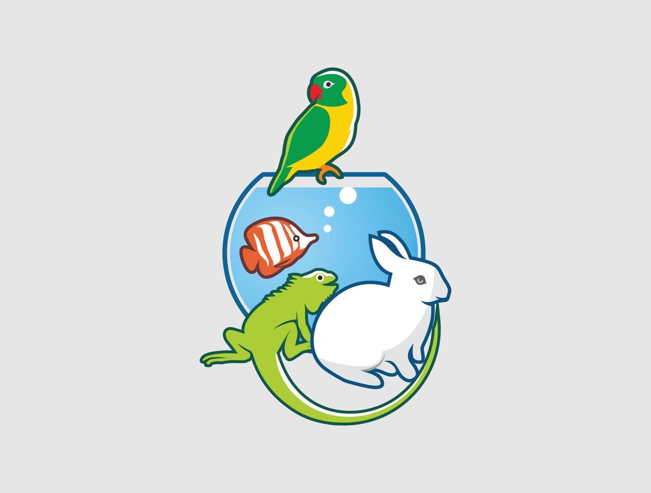 conejo iguana pez y amor pájaro ilustración vector
