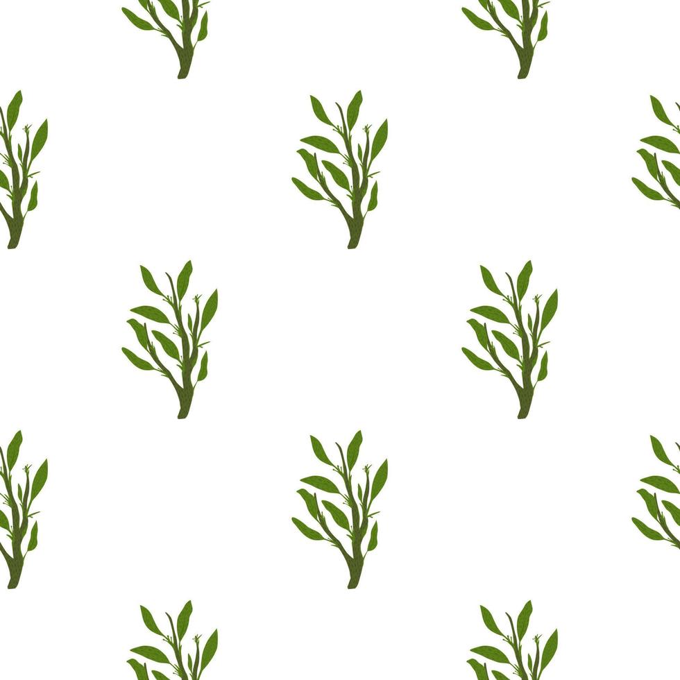 Isolated minimalistic botanic seamless pattern with green foliage branches. Simple leaves silhouettes. vector